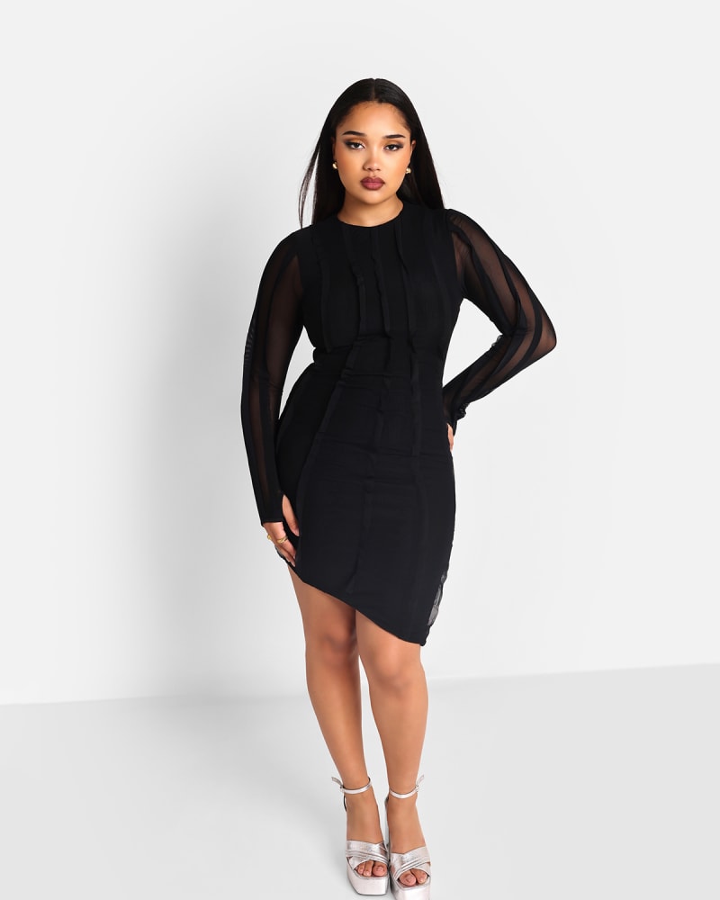 Front of a model wearing a size Large Rebdolls Women's Mia Mesh Asymmetrical Mini Bodycon Dress in Black by Rebdolls. | dia_product_style_image_id:327795
